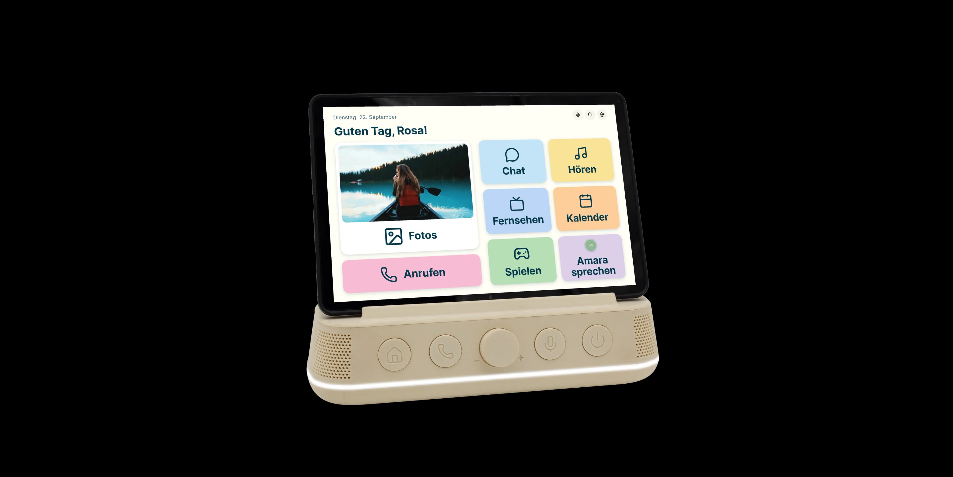 Amara Home mit Familienfotos und Funktionen für den Kontakt zur Familie