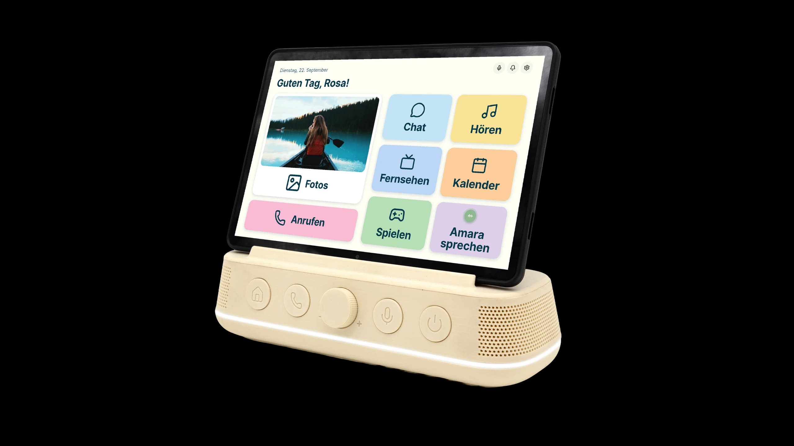 Amara Home: Tablet auf der Base mit großen Bildschirmflächen und Tasten.