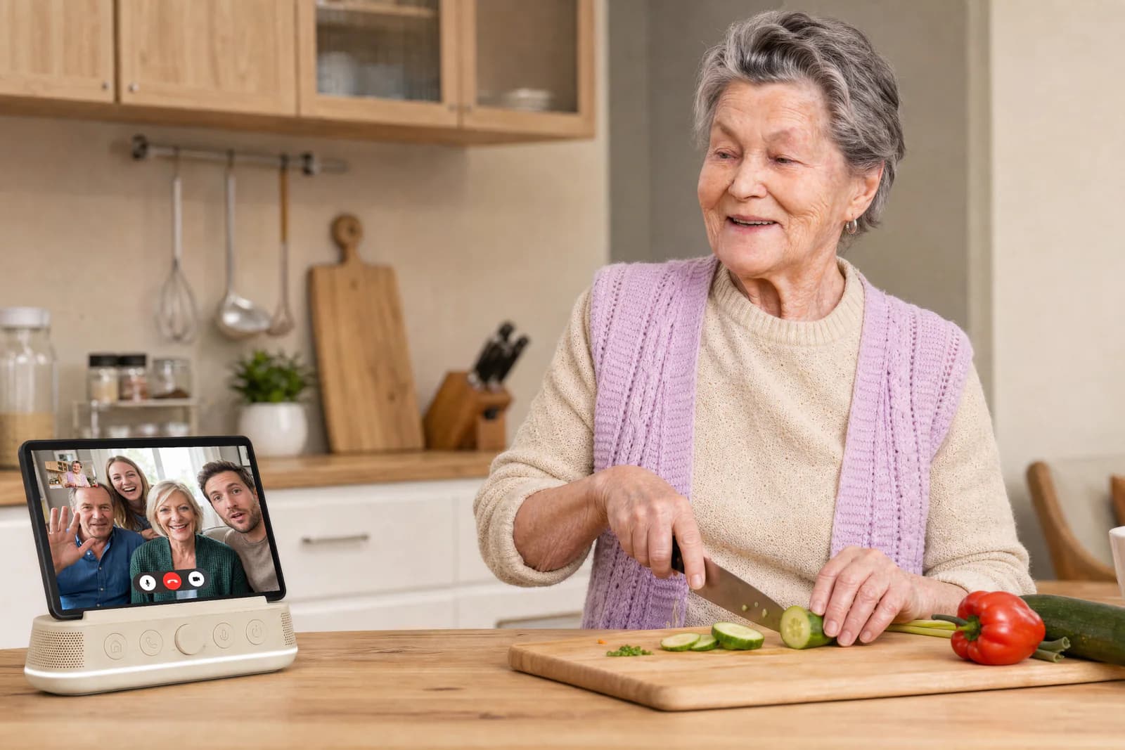 Eine ältere Frau kocht und spricht dabei über Amara per Videoanruf mit ihrer Familie.