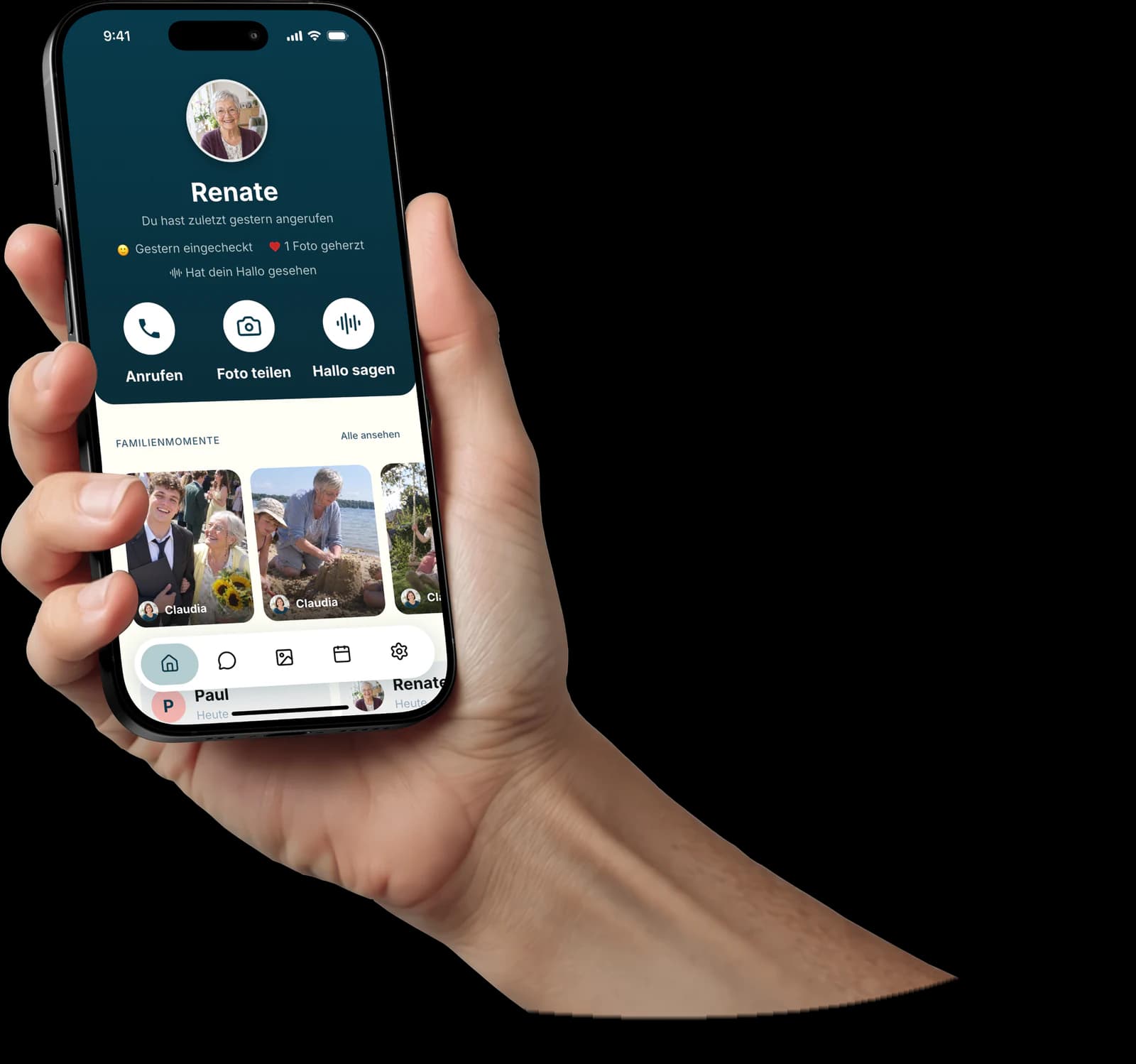 Die Amara Familien-App auf einem Smartphone in der Hand