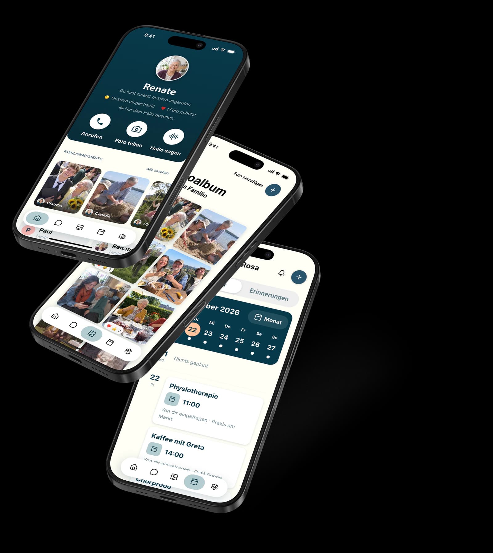 Drei Ansichten der Amara App für die Familie.
