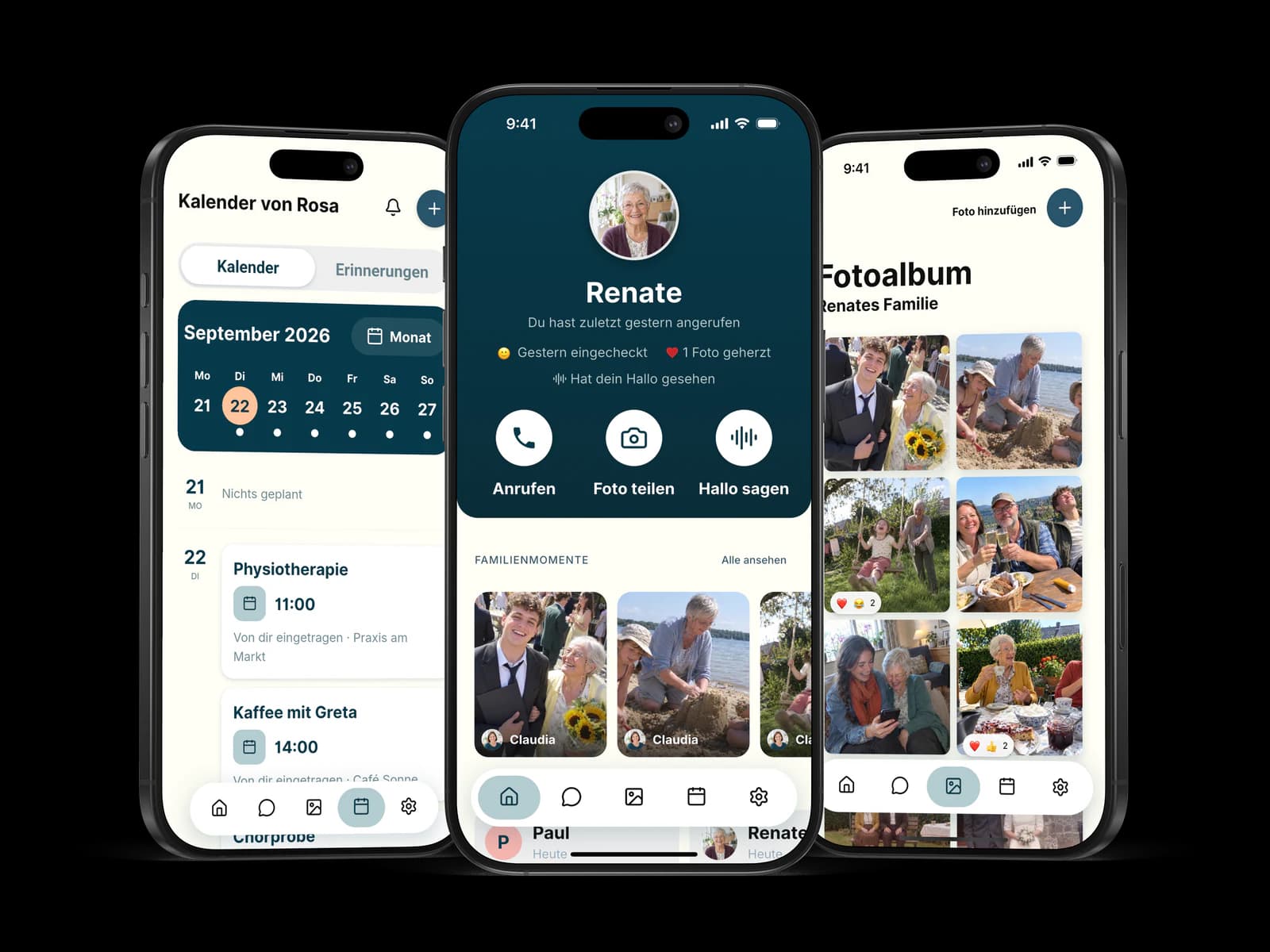 Drei Ansichten der Amara Familien-App