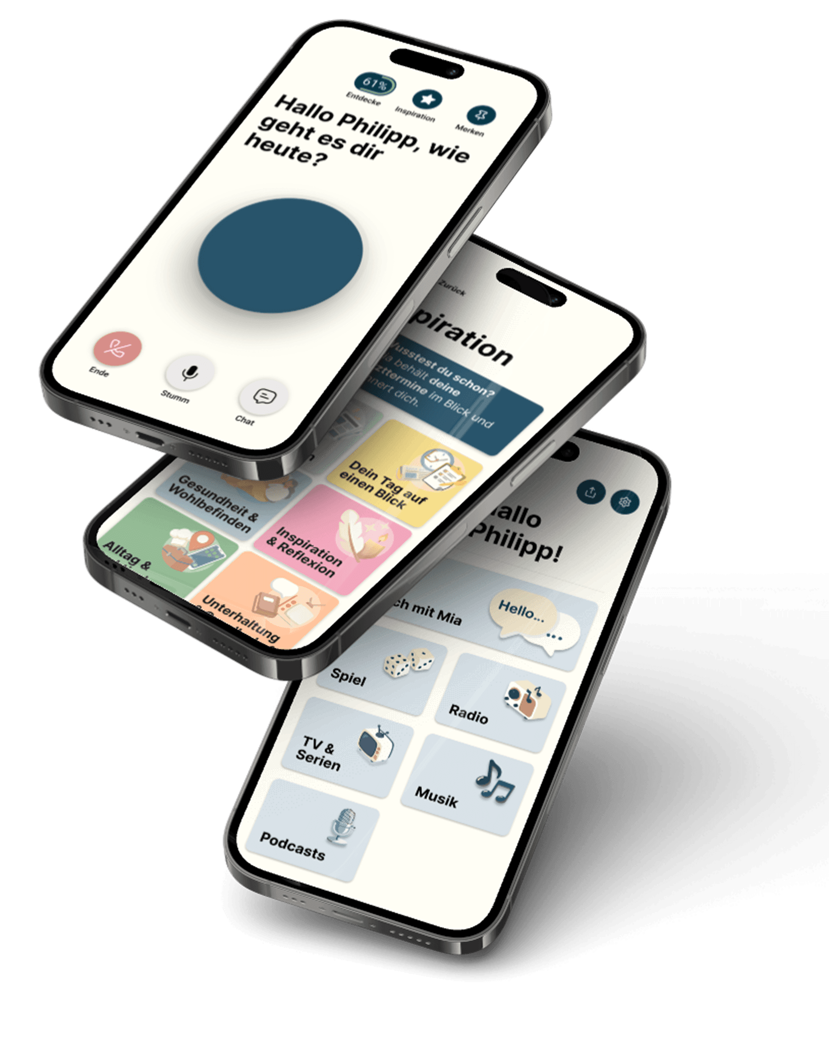 Three smartphones showing the Amara app: voice view, menu and chat