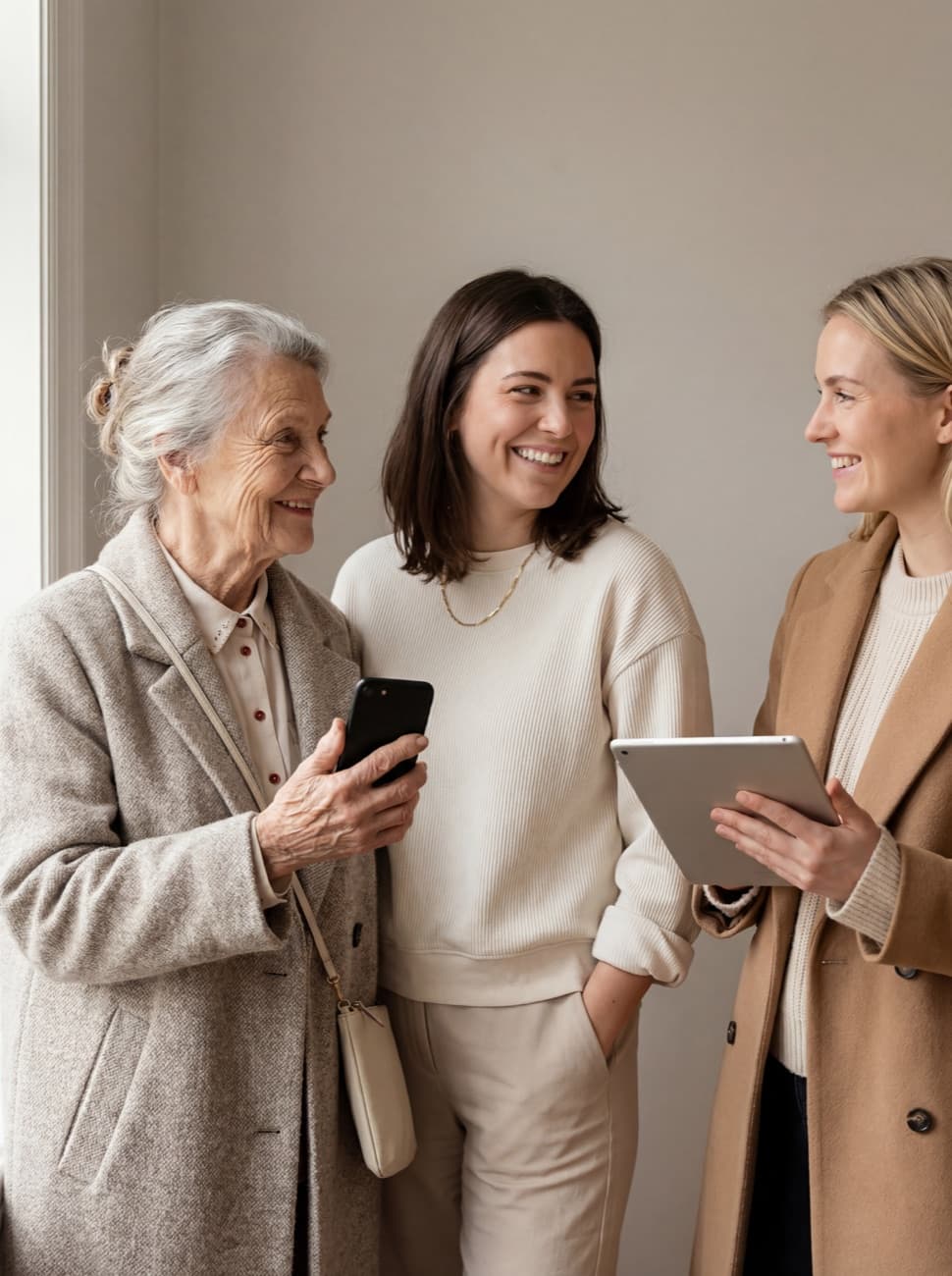 Three generations of a family looking at a smartphone together